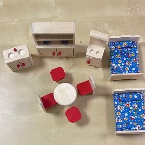 Wooden Dollhouse Furniture Set with Red Accents